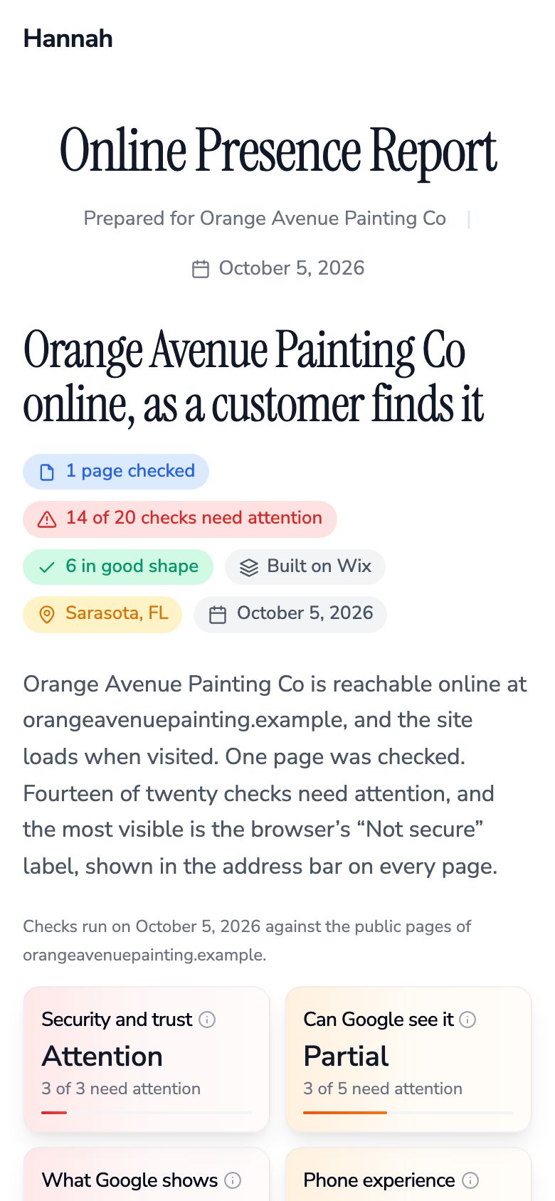 A ShowFirst online presence report for a painting company, on a phone